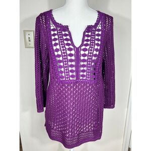 Chico's Purple Crochet Open Knit V Neck Tunic Top Sweater Size 1 Sheer Layering